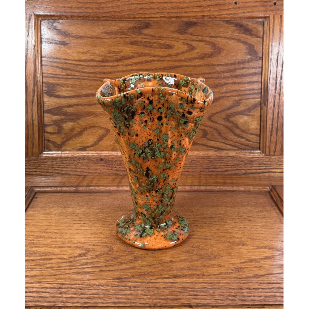 Vintage Pottery Ruffled Vase Orange Green Swirl Marbled 8.5 Inch